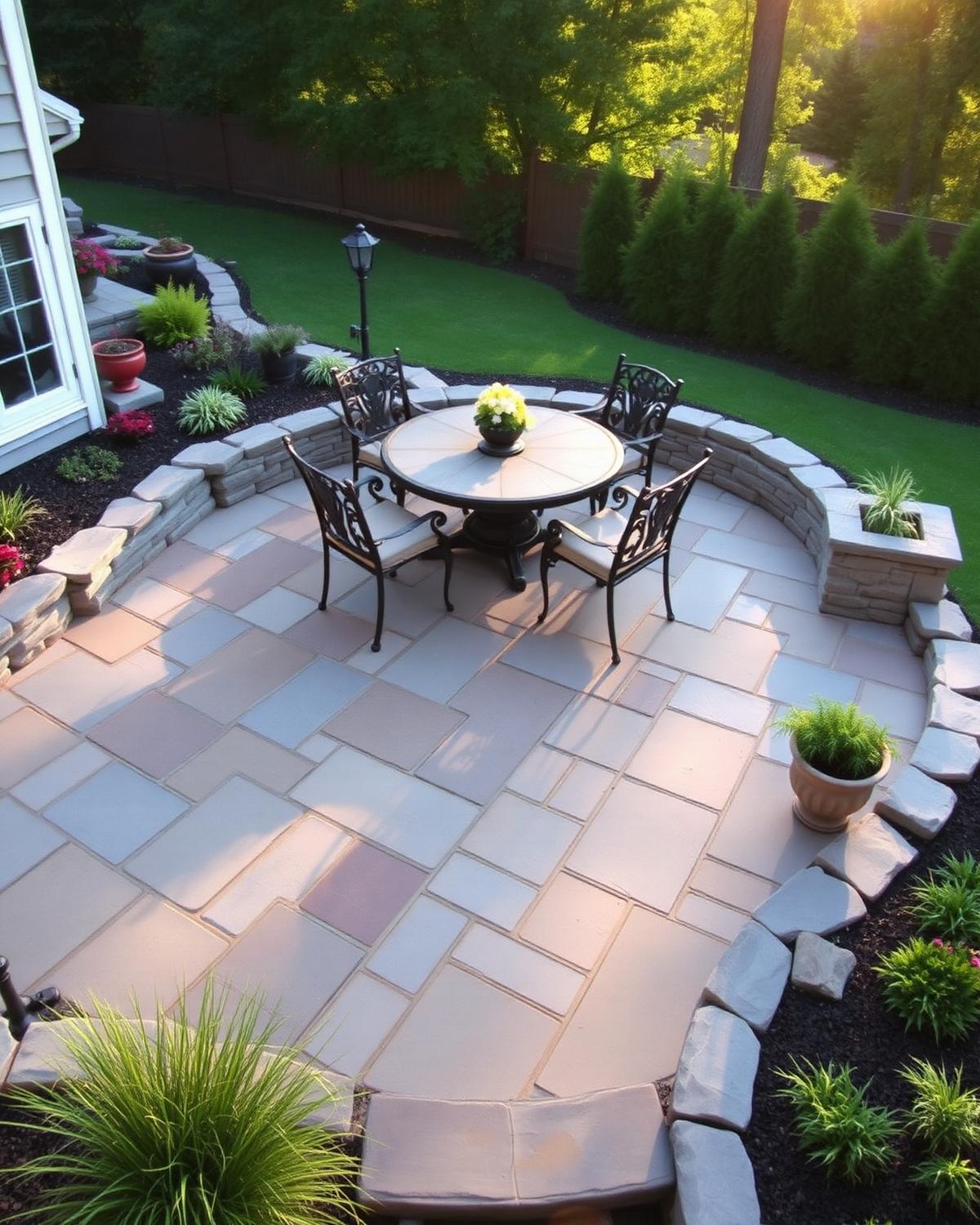 Flagstone patio space with warm accent lighting