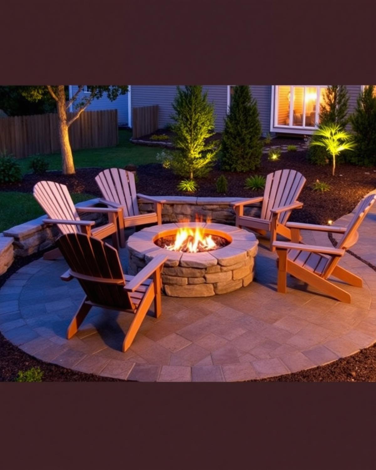 Stone fire pit patio lit with low-voltage fixtures