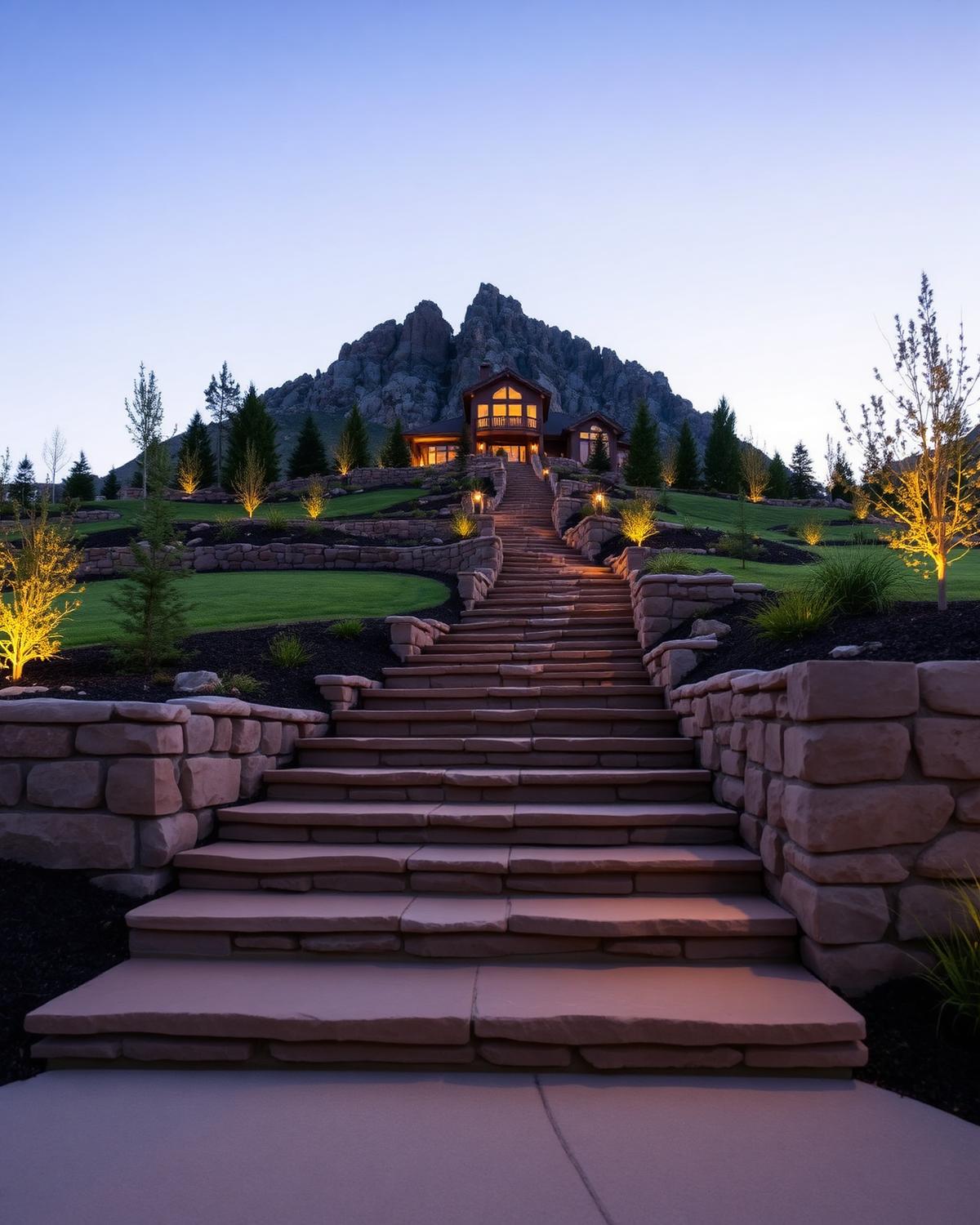 Landscape lighting along outdoor stone steps at dusk