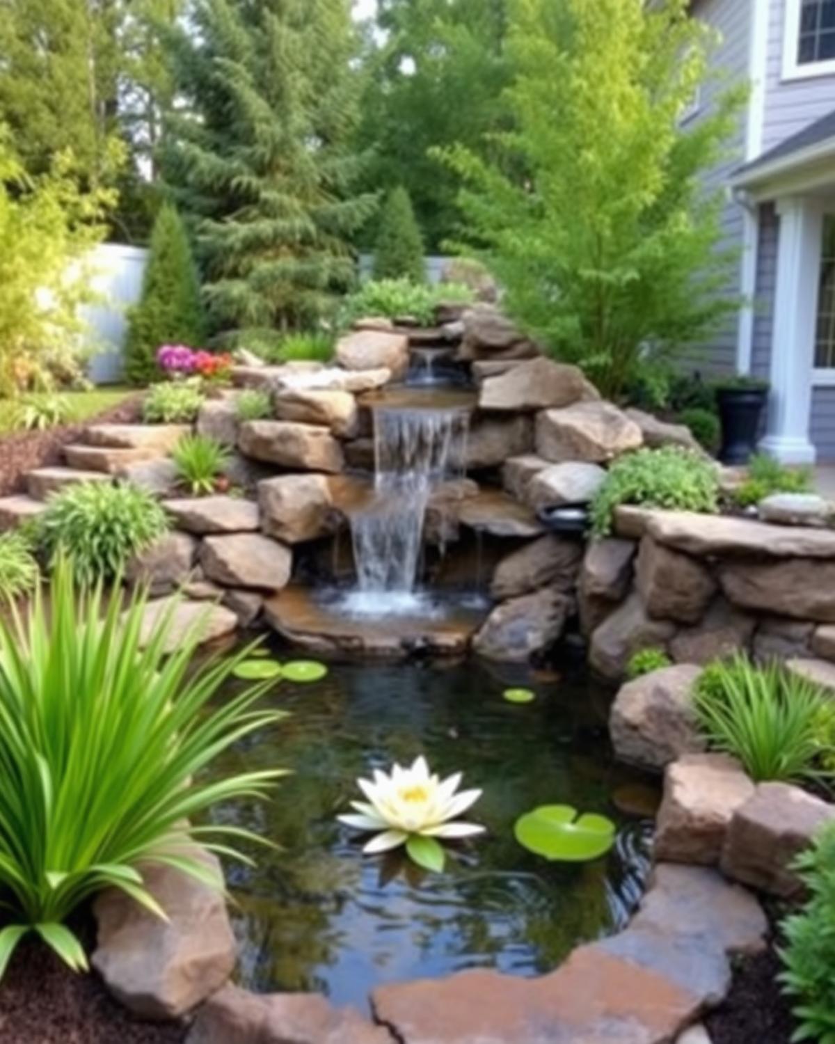 Backyard water feature framed by warm landscape lighting