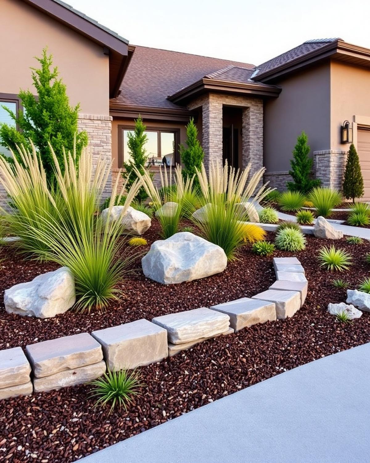 Modern landscaped front yard with ornamental grasses in Kamas
