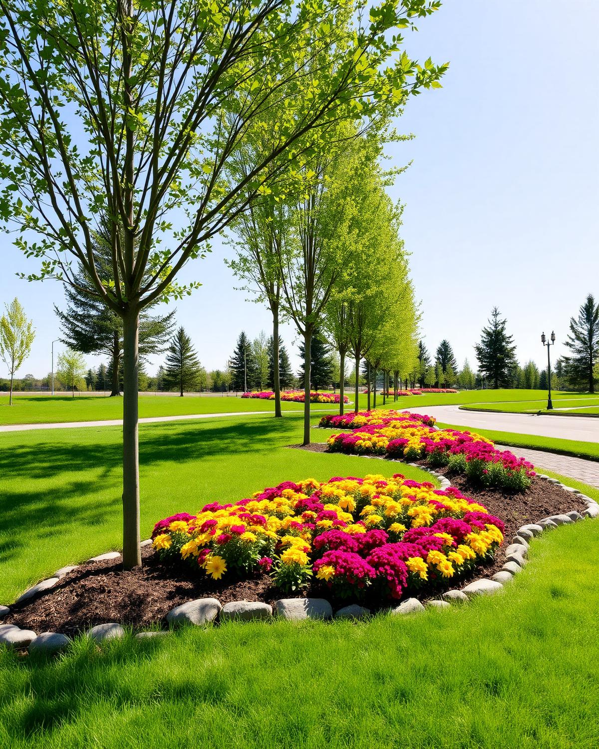 Flower bed border along a residential drive