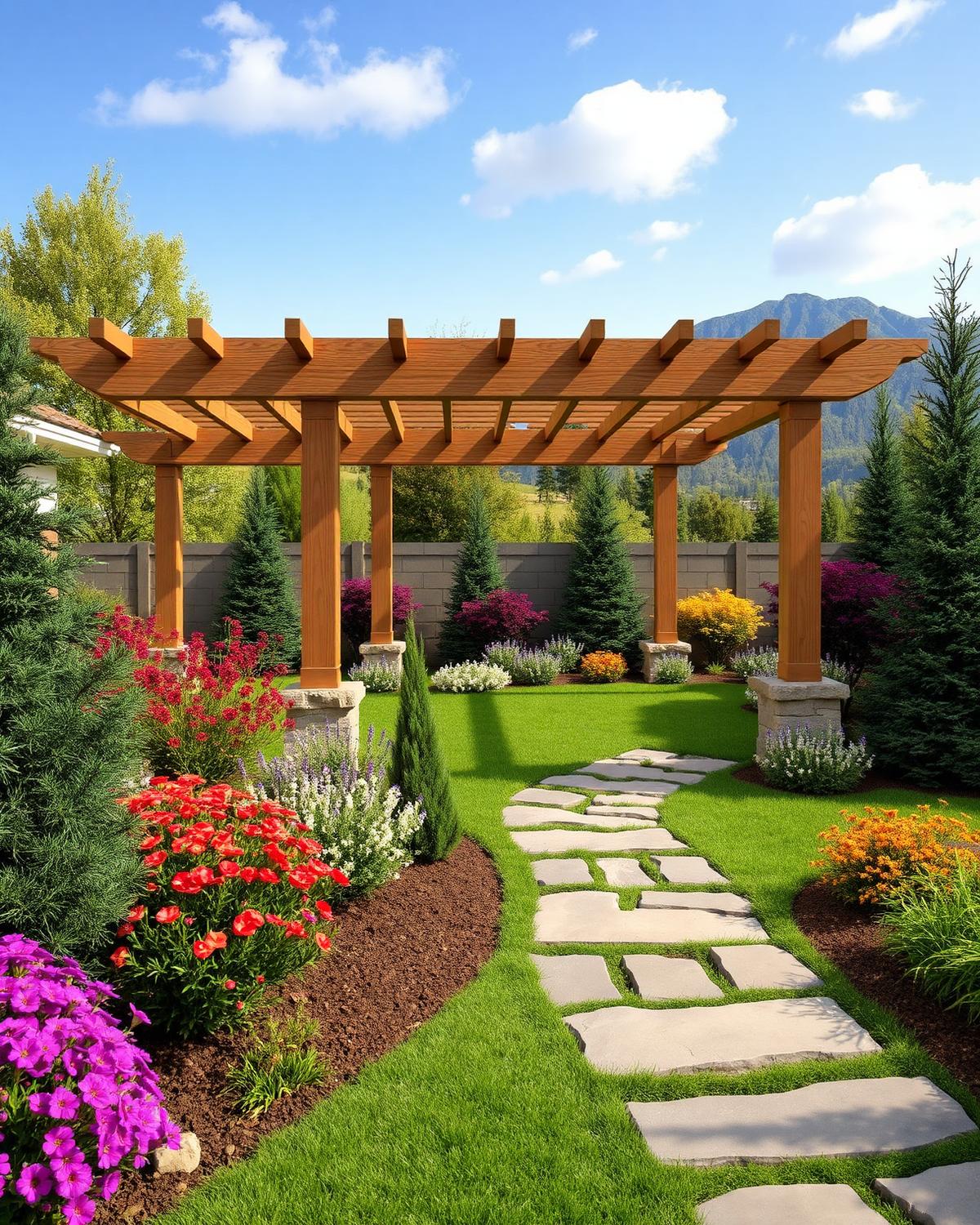 Backyard pergola with subtle uplighting