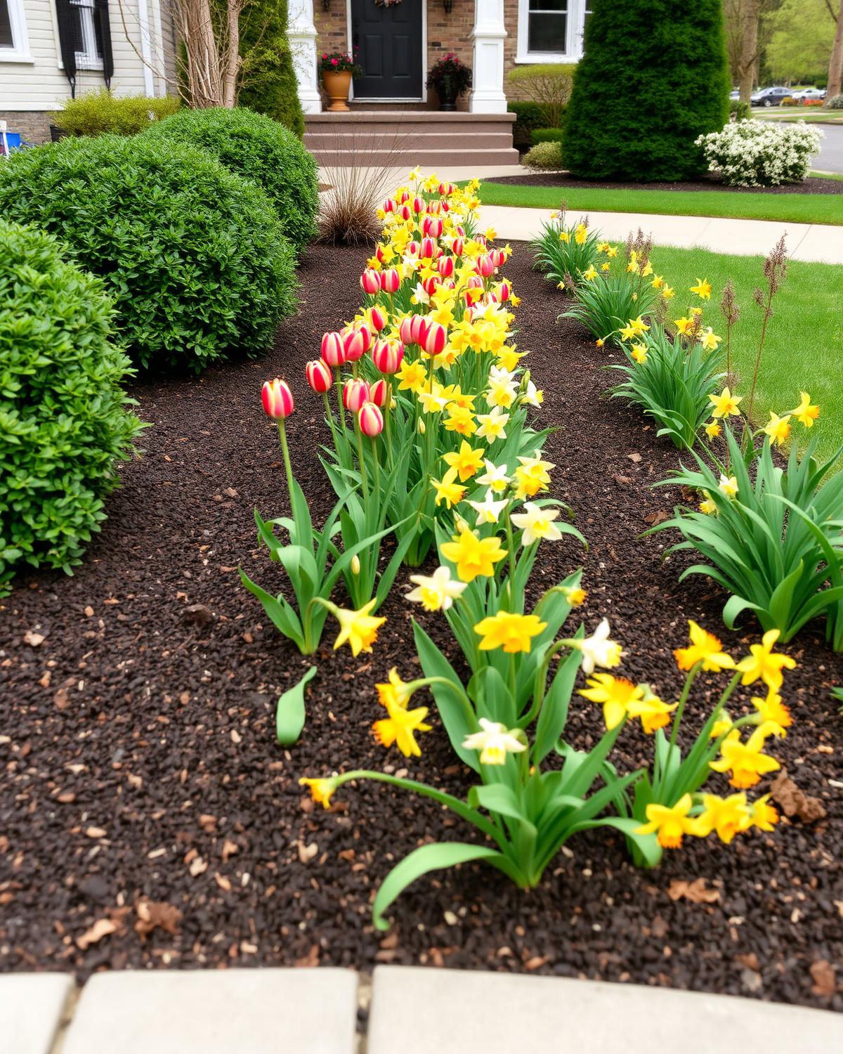 Spring flower bed with tulips in fresh mulch