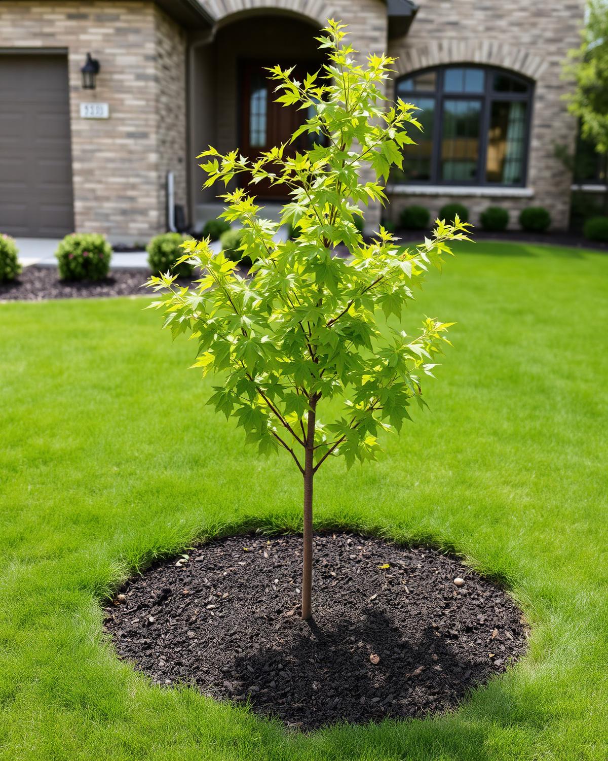 Newly planted maple tree in a green lawn
