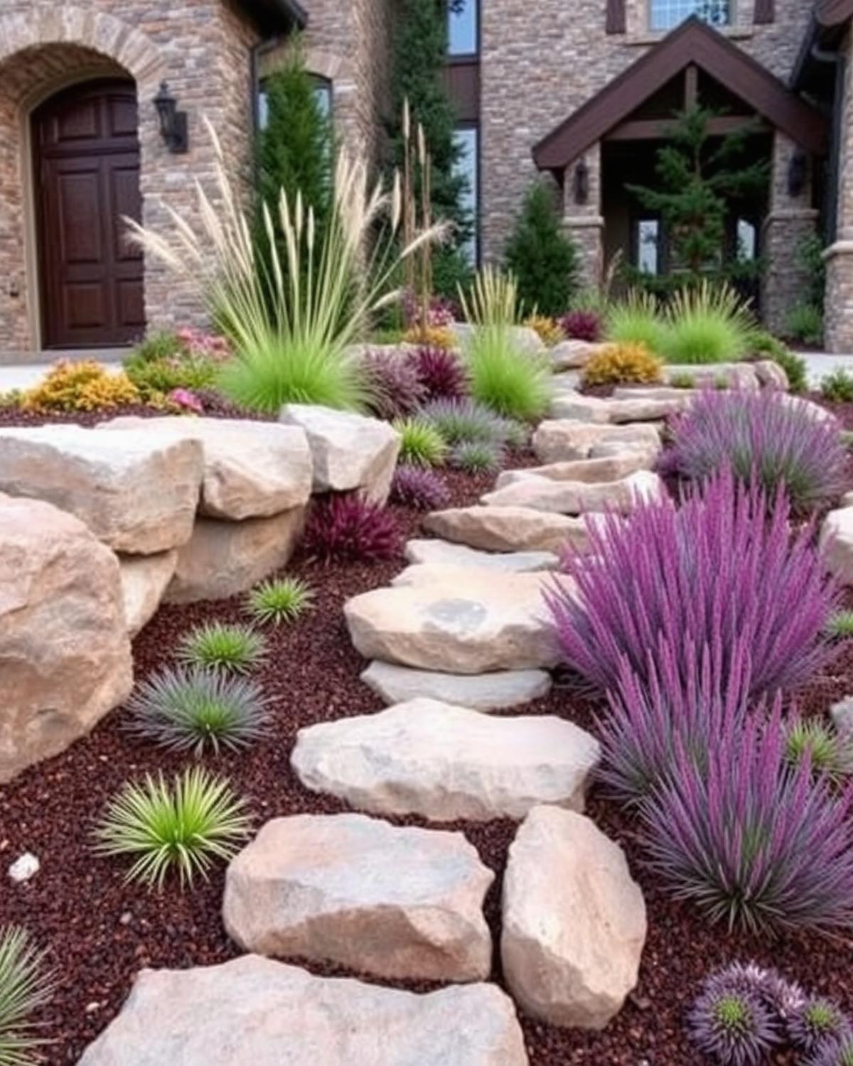 Rock garden with alpine plants and ornamental grasses