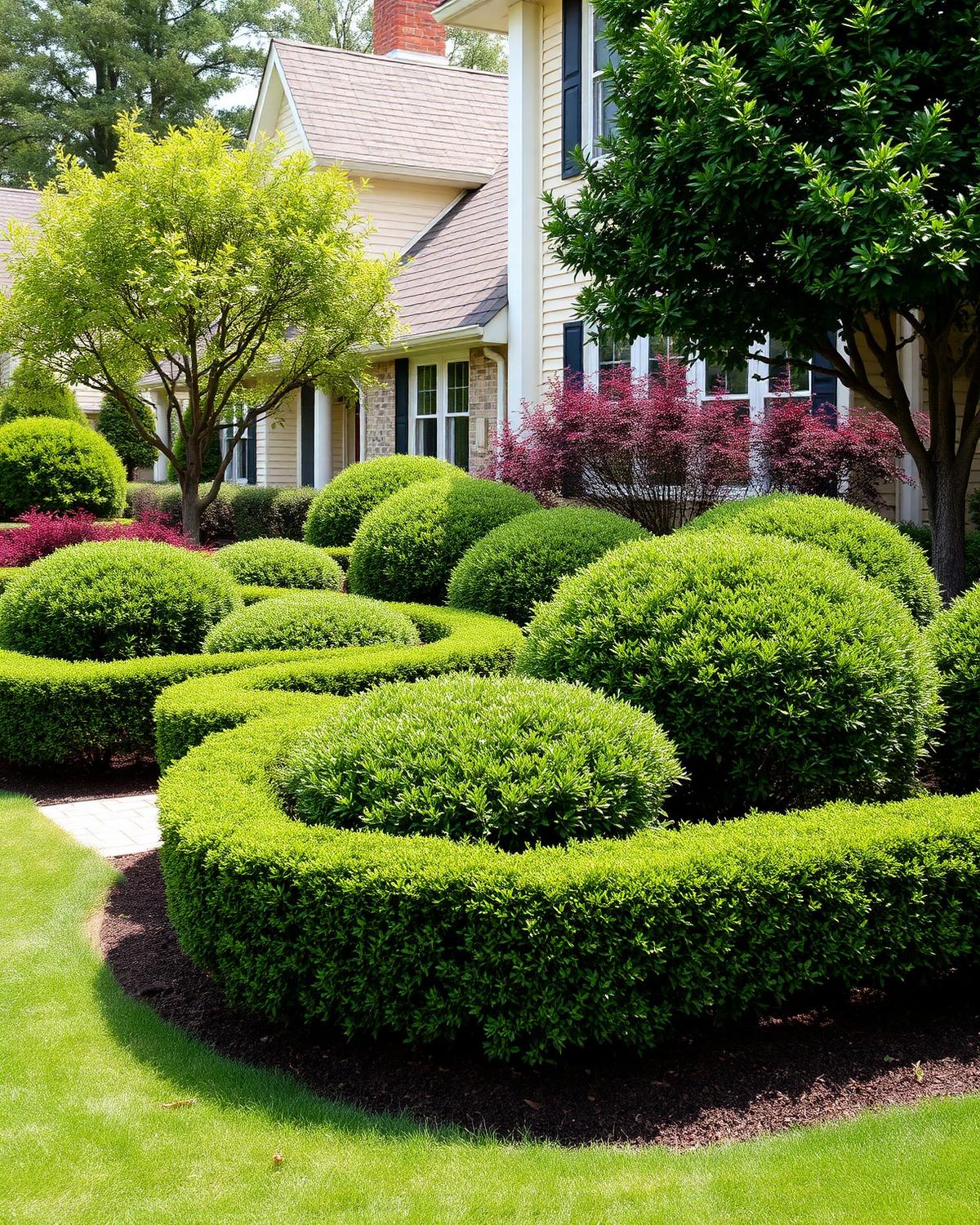 Trimmed boxwood hedges at a residence