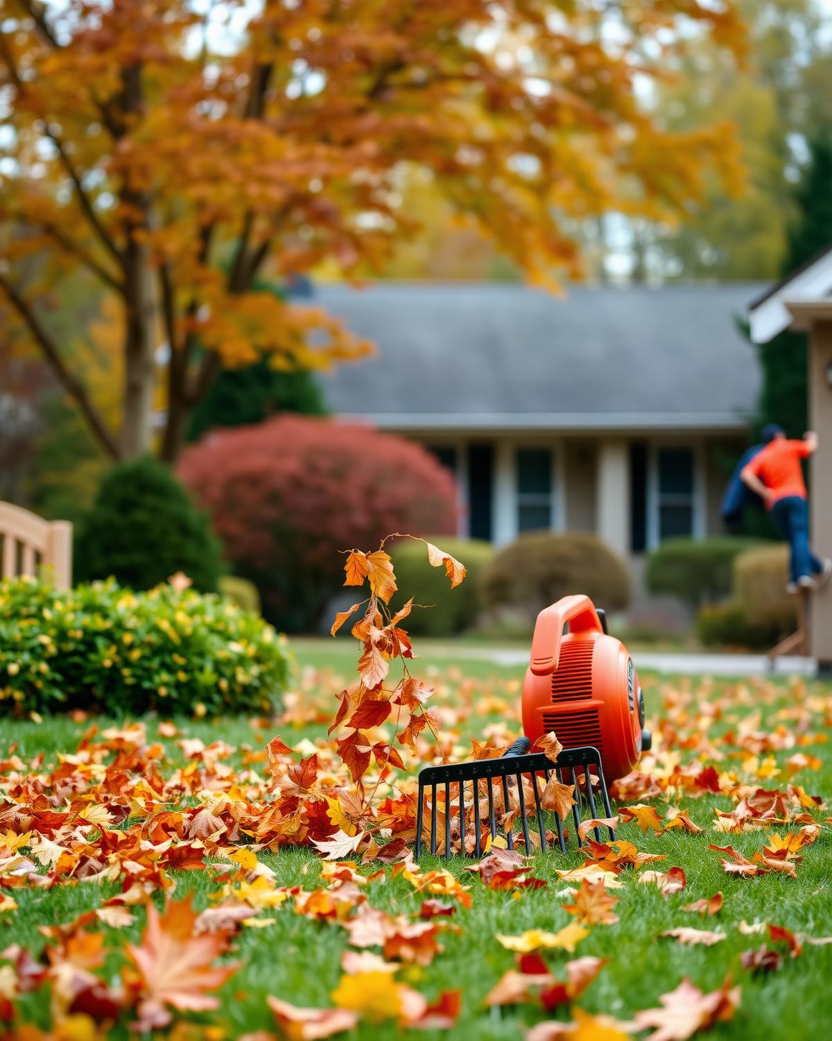 Fall leaf clean-up on a large residential lawn
