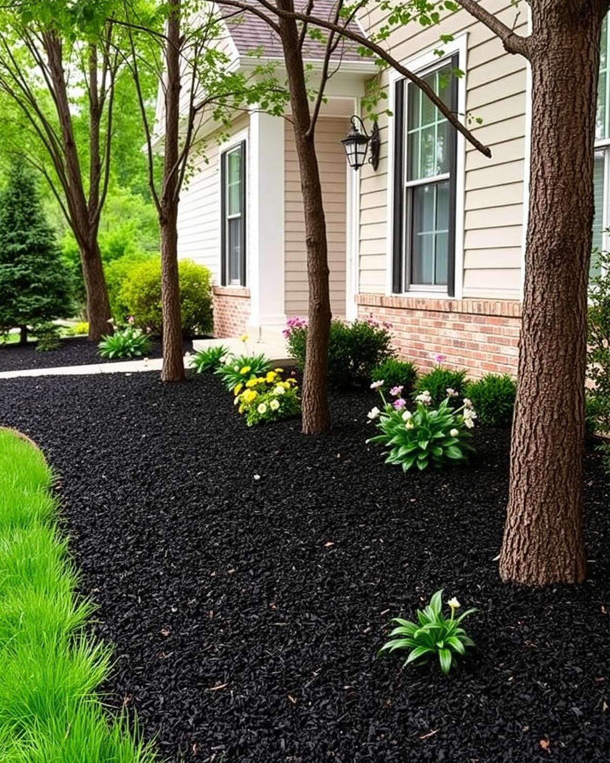 Fresh dark mulch installed around beds and trees