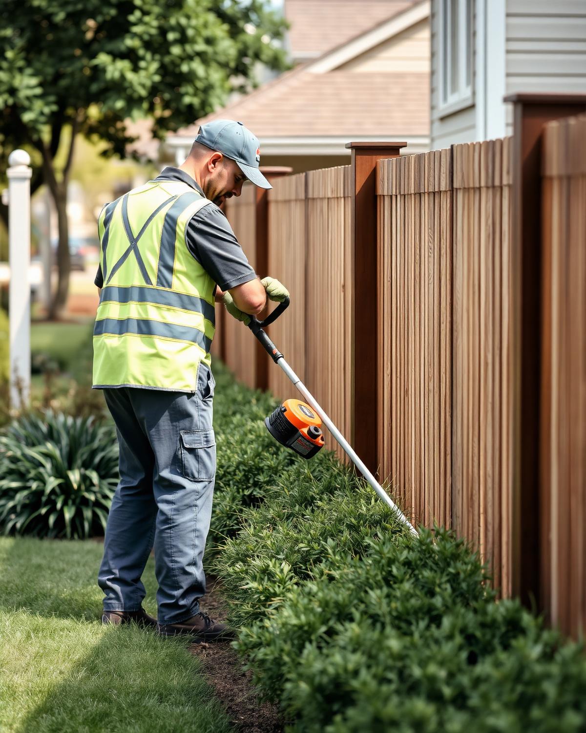 Landscaper detail trimming along a fence line