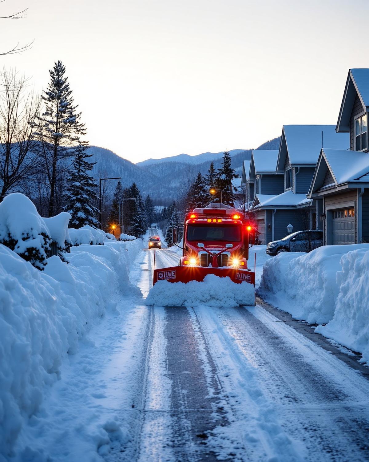 Snow plow truck clearing a residential driveway at dawn