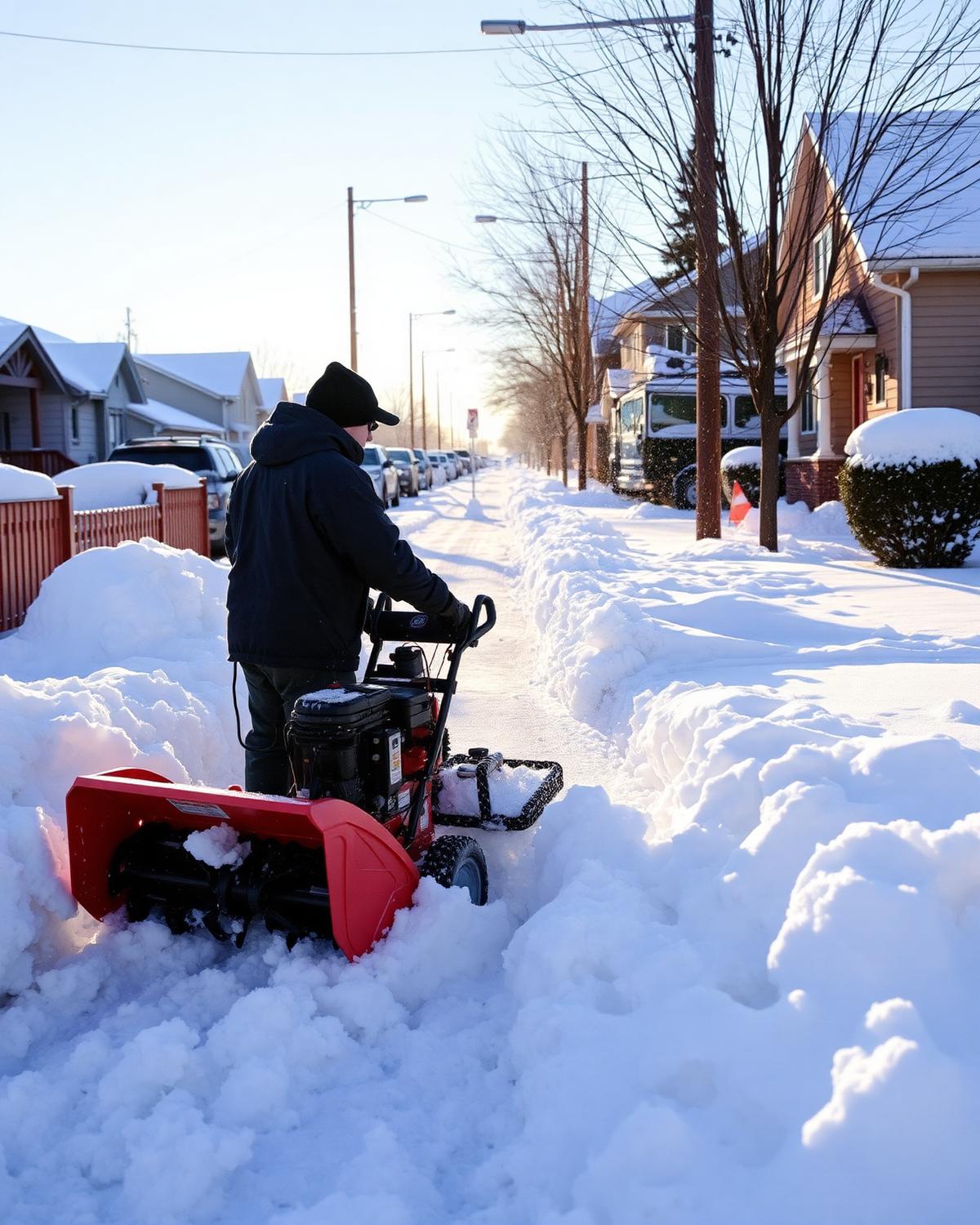 Worker with snow blower clearing a residential sidewalk