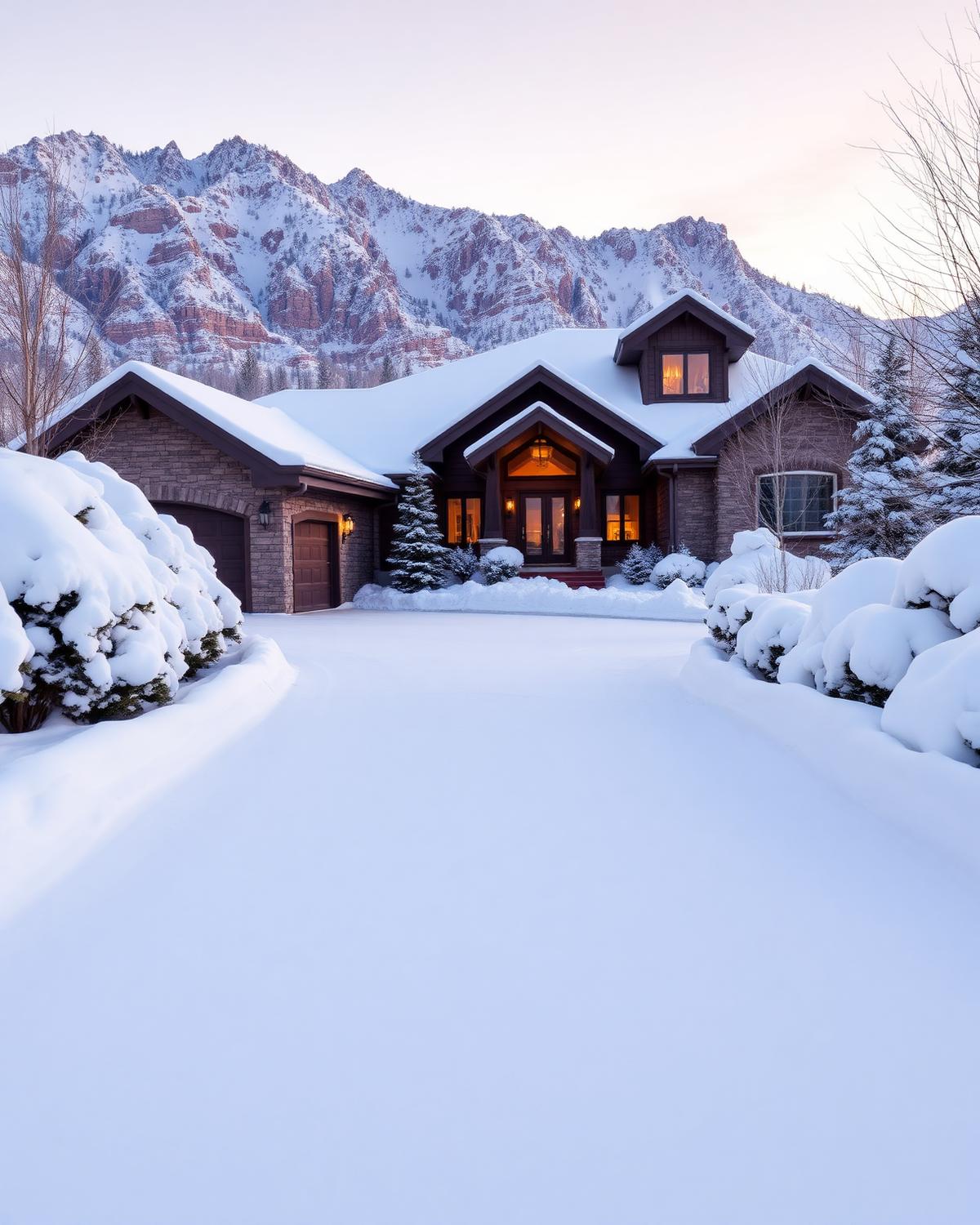 Freshly plowed driveway at a snow-covered mountain home