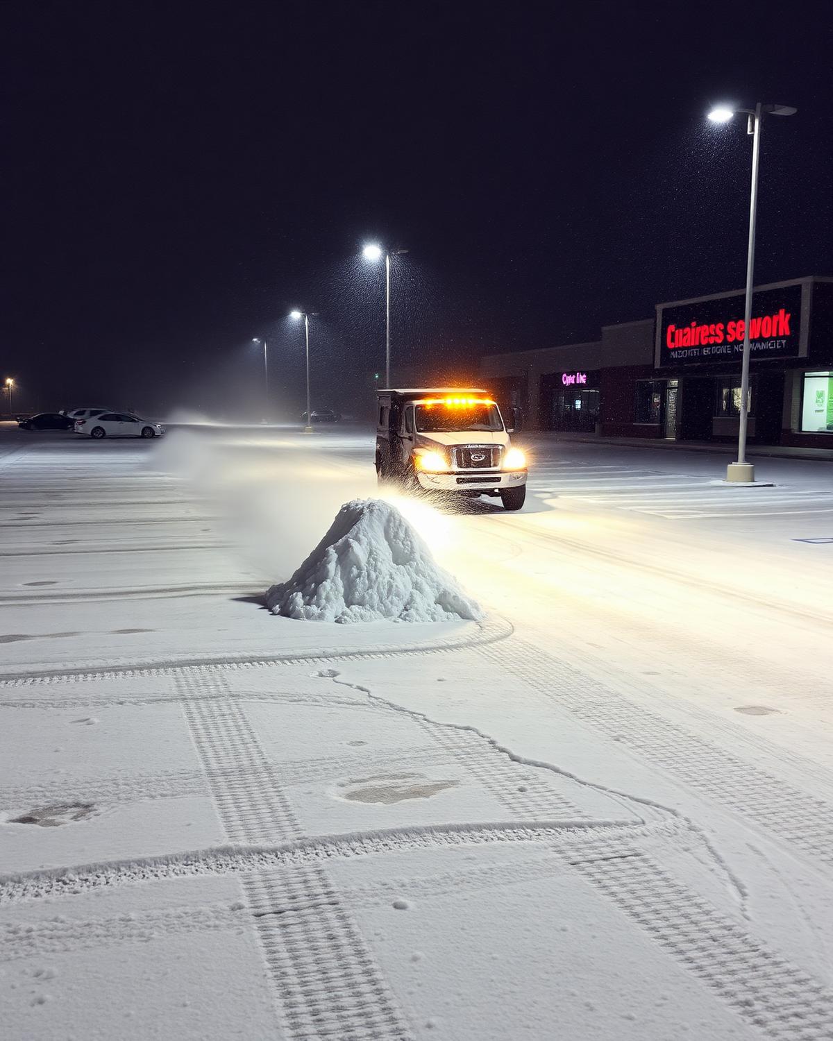 Snowy commercial parking lot being plowed at night