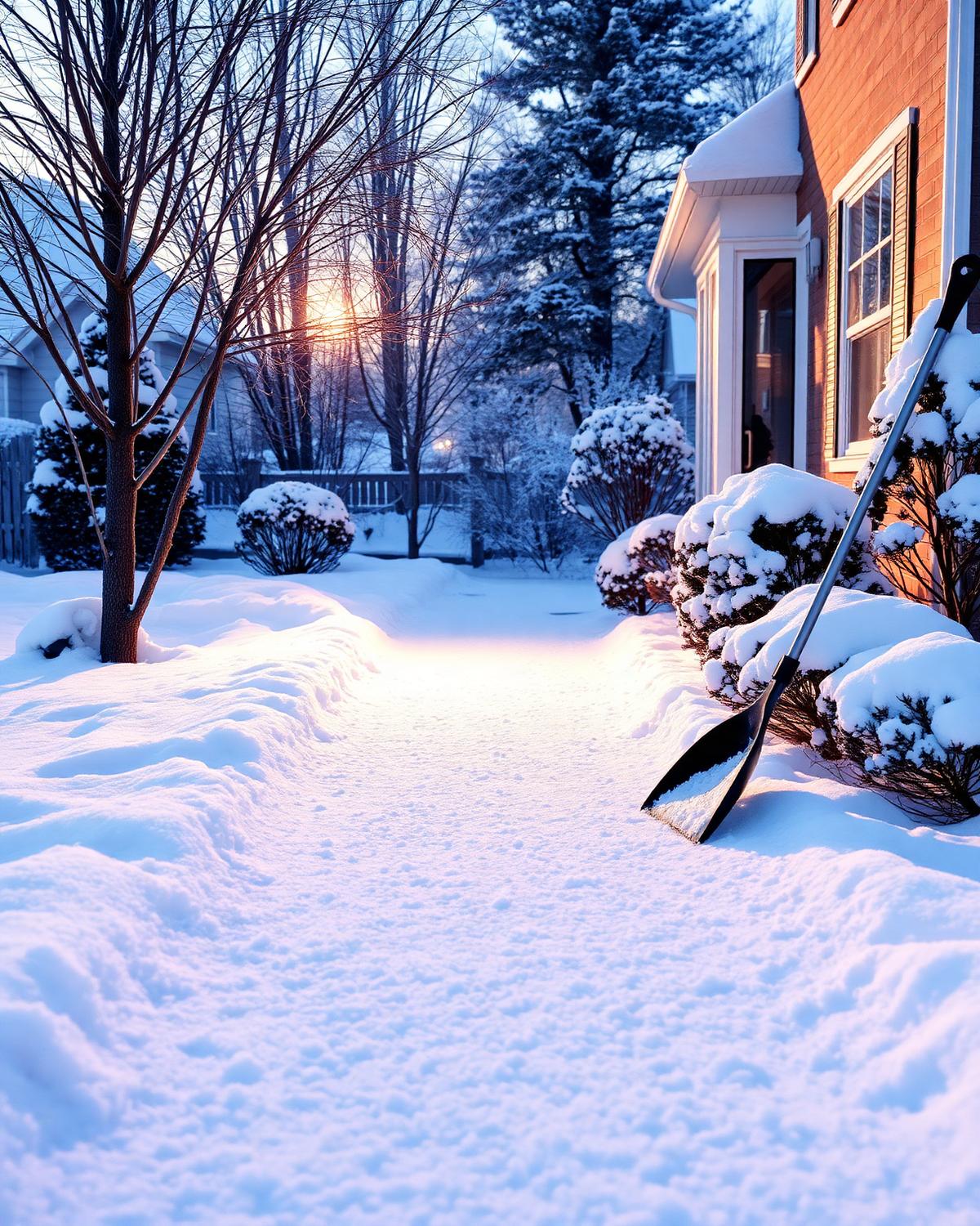Shoveled clear walkway with de-icing salt granules