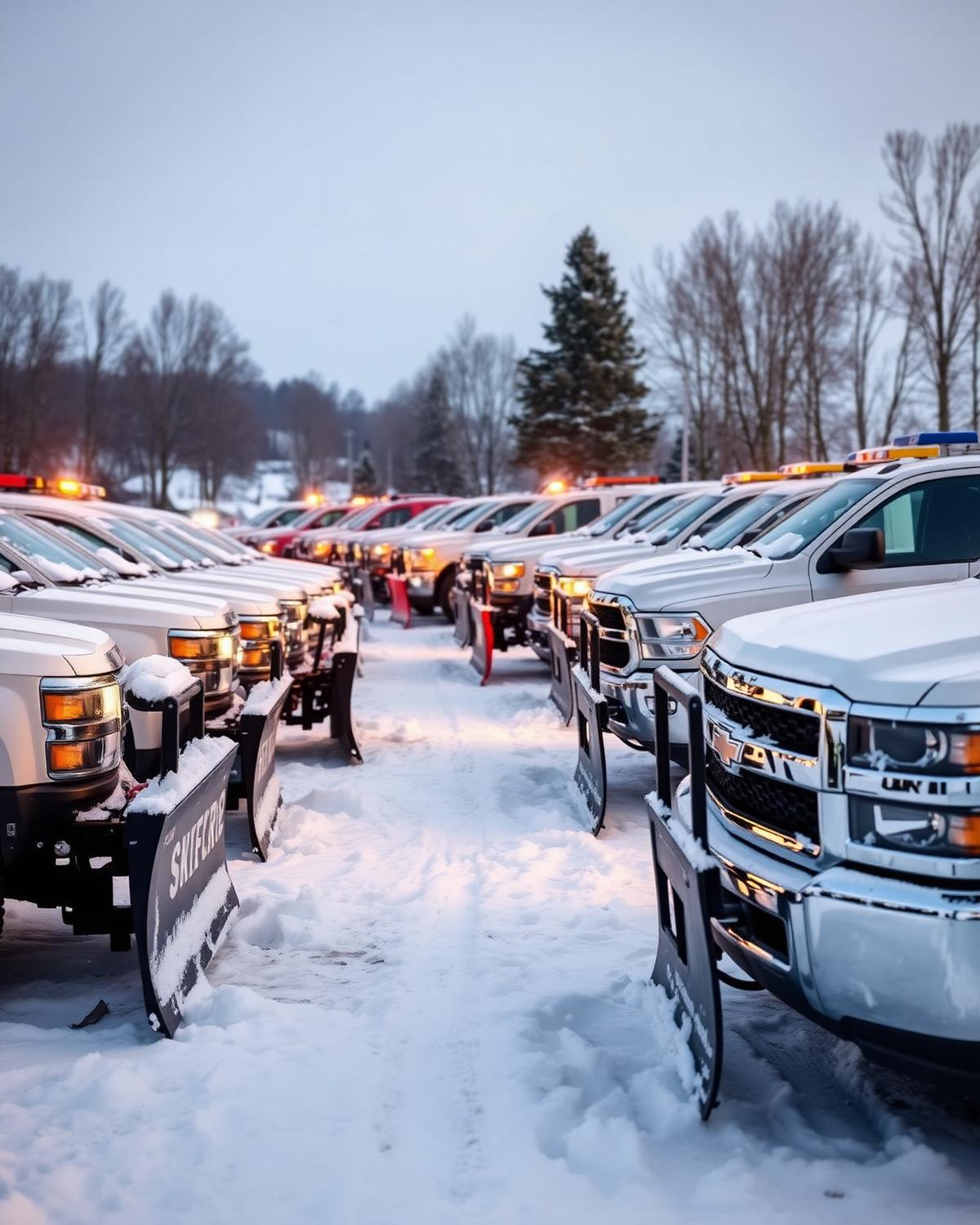 Fleet of pickup trucks with snow plows ready for winter service