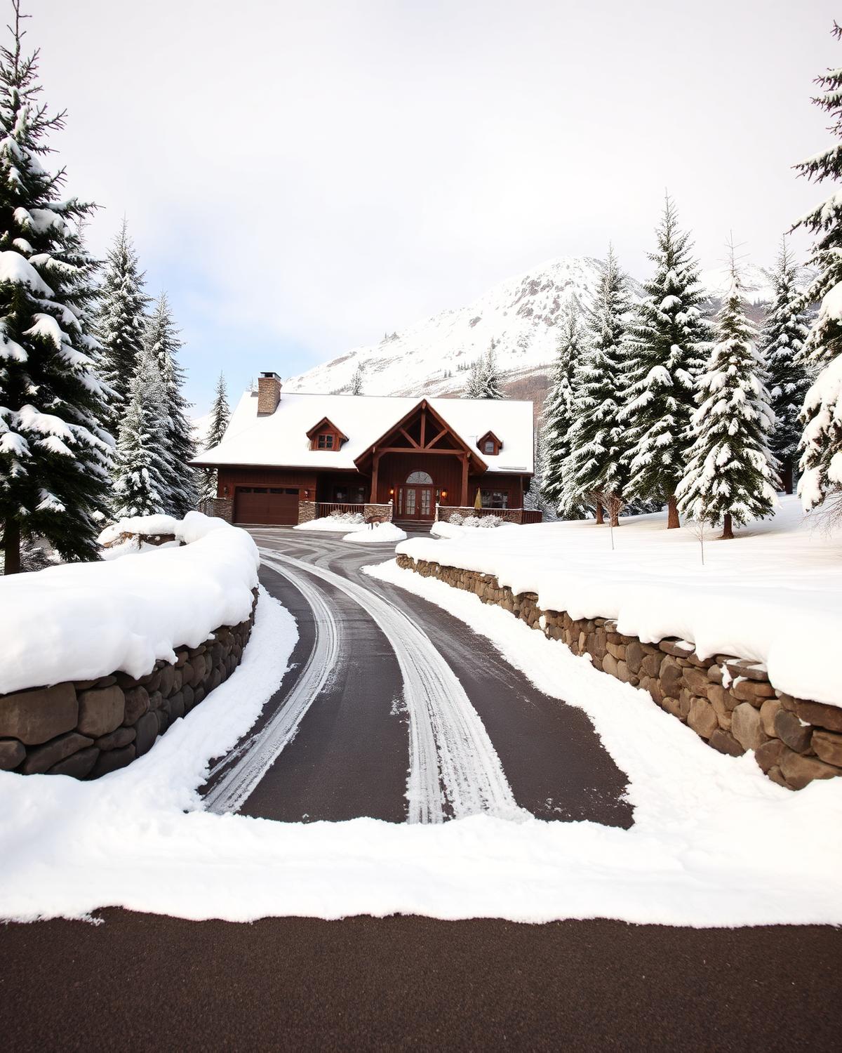 Snow-covered mountain home with freshly cleared driveway