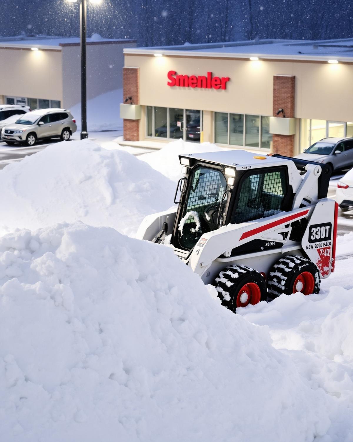 Skid steer loader moving deep snow piles in a commercial lot